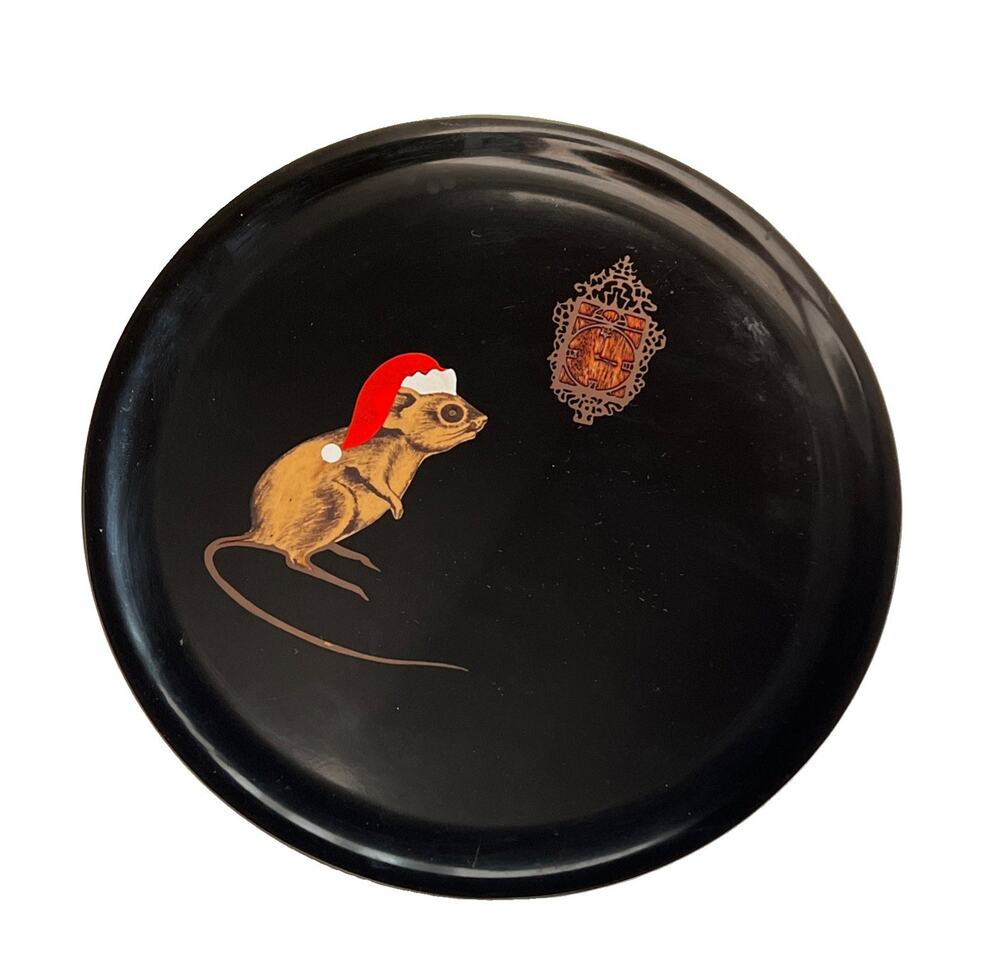 MCM Couroc Wood Brass Inlay Santa Mouse Clock Vintage Serving Tray Monterey CA